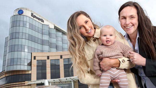 Renee Enright with daughter Luna 5mths, guest at a new breastfeeding awareness program run at the Epworth, pictured with Nurse Unit Manager Maternity Services Gabby Ryan. picture: Glenn Ferguson