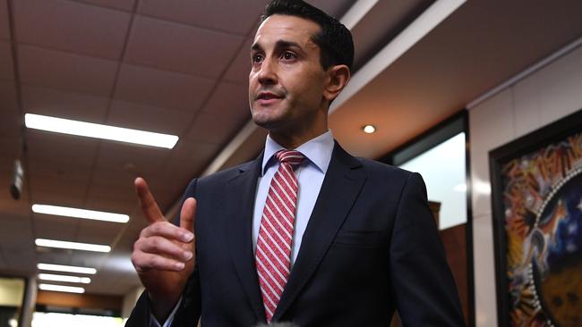 Broadwater MP David Crisafulli speaks to the media as he arrives for the LNP party room meeting in Brisbane. Picture: AAP.