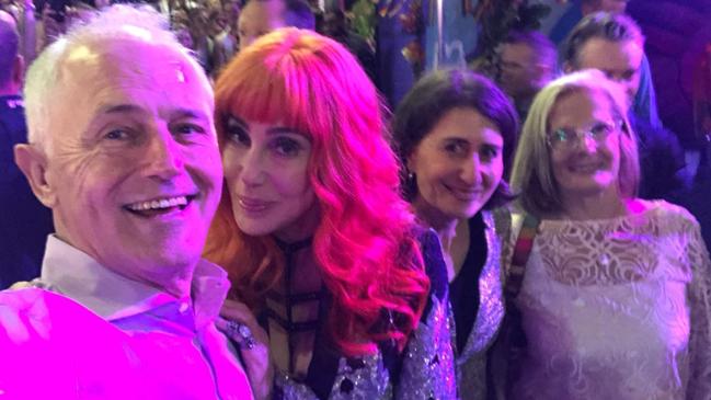 Malcom Turnbull with Cher, NSW Premier Gladys Berejiklian and Lucy Turnbull at the Sydney Mardi Gras.