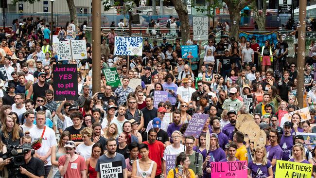 Supporters march for pill testing in Sydney. Picture: AAP