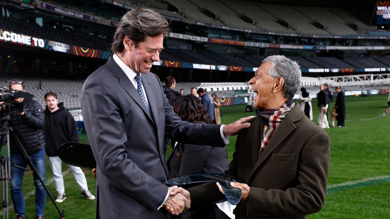 AFL CEO Gillon McLachlan with former umpire Glenn James at the launch of 2023 Sir Doug Nicholls Round. Picture: Michael Willson/AFL Photos via Getty Images