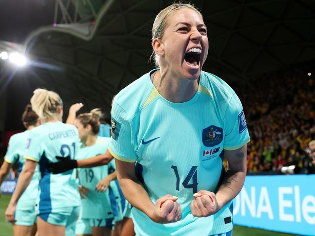 MELBOURNE, JULY 31, 2023: 2023 Fifa Womens World Cup - Australia V Canada. Alanna Kennedy of the Matildas celebrates a goal during the match at Melbourne Rectangular Stadium. Picture: Mark Stewart