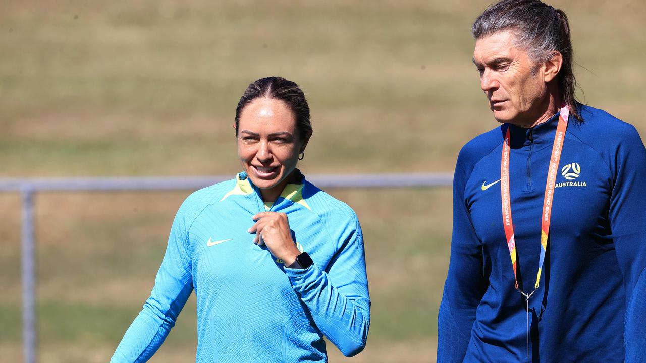 Kyah Simon does a light walk at training – but when will she be fit to play? Picture: Adam Head