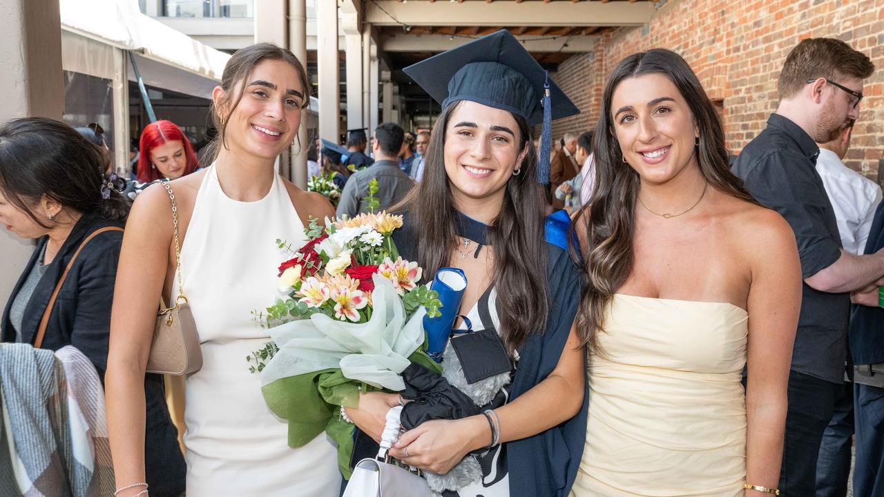 Ellice Daskalieros, Ellexa Daskalieros and Ellena Daskalieros at Deakin University’s environmental science graduation. Picture: Brad Fleet