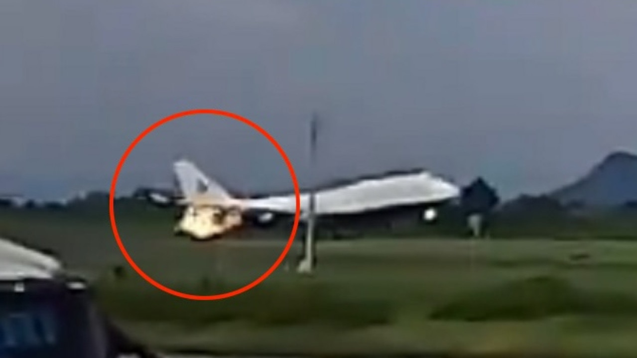 Footage captures the moment flames leap out of a plane engine as it’s about to take off.