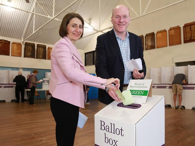 Mr Zimmerman casting his vote on election day with Premier Gladys Berejiklian. Picture: AAP IMAGE / MARK SCOTT