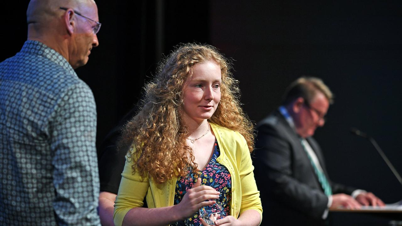 Emily Appleby receiving at award at the QCE Awards presentation. Picture: AAP/John Gass