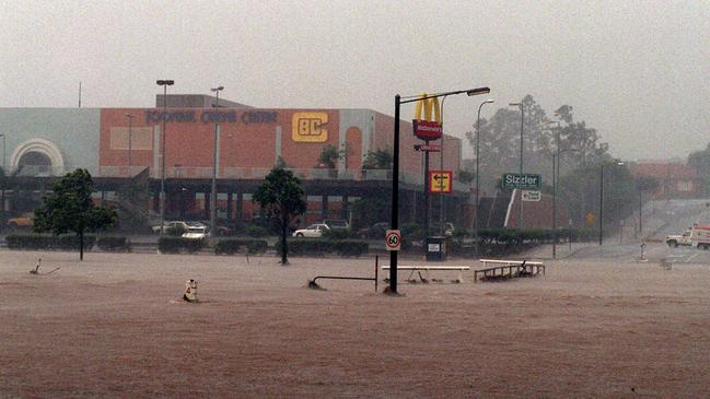 Heavy rain causes flooding in Toombul Shopping Centre.