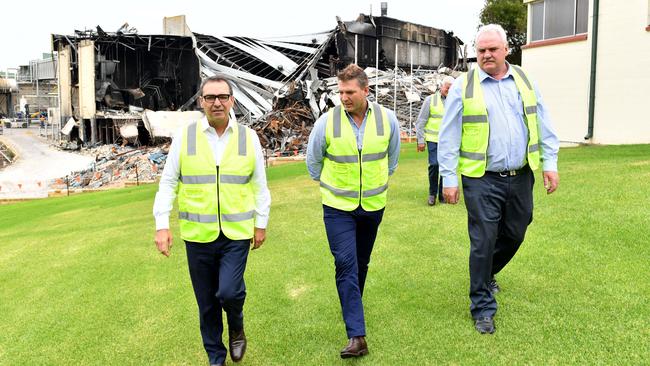 SA Premier Steven Marshall, Thomas Foods CEO Darren Thomas and Adrian Pederick (Liberal for Hammond) in Murray Bridge. Picture: AAP/ Keryn Stevens