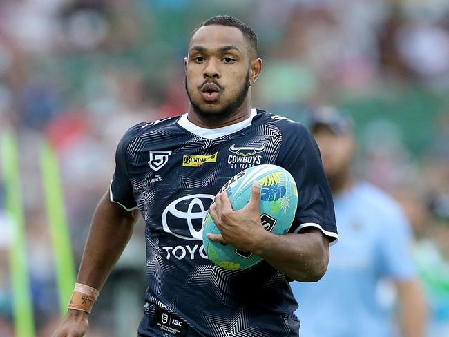 Hamiso Tabuai-Fidow of the Cowboys runs in for a try during the semi finals of the NRL Nines 2020 tournament at HBF Park in Perth, Saturday, February 15, 2020. (AAP Image/Richard Wainwright) NO ARCHIVING, EDITORIAL USE ONLY