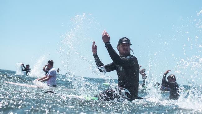 World champion surfer Mick Fanning on the water during the Fight for the Bight paddle-out at Currumbin Alley on Saturday. Picture: Trent Mitchel