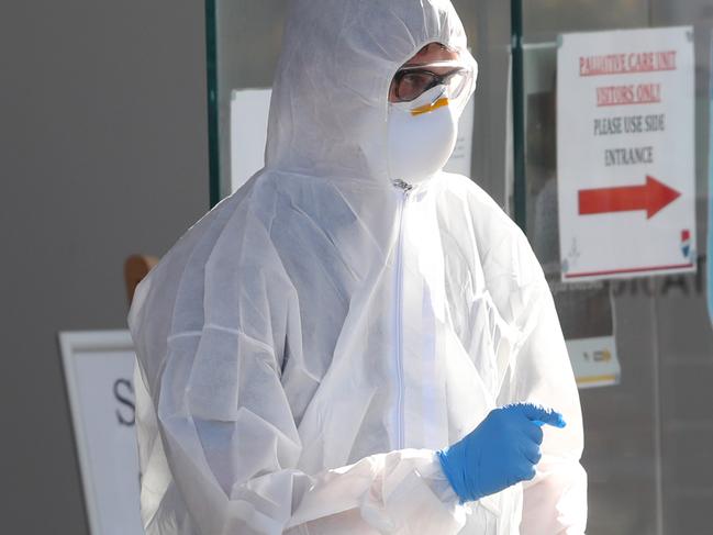 MELBOURNE, AUSTRALIA - NewsWire Photos JULY 30, 2020: A health worker is seen at Epping Gardens Aged Care home which has a COVID-19 breakout. Picture: NCA NewsWire /David Crosling