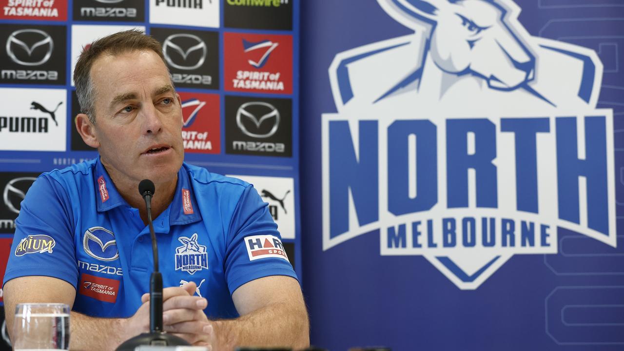 Alastair Clarkson speaks to the media. Picture: Darrian Traynor