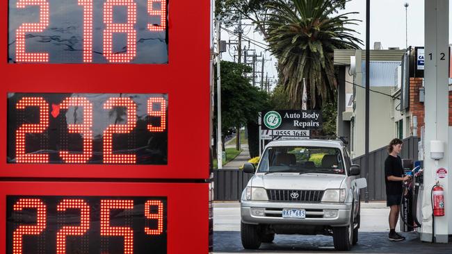 In a sign of today’s inflation, Oliver Doyle paid $105.00 to fill his car with only 3/4 of a tank at a petrol station in Moorabbin. The unleaded price was 218.19. Picture: Tony Gough