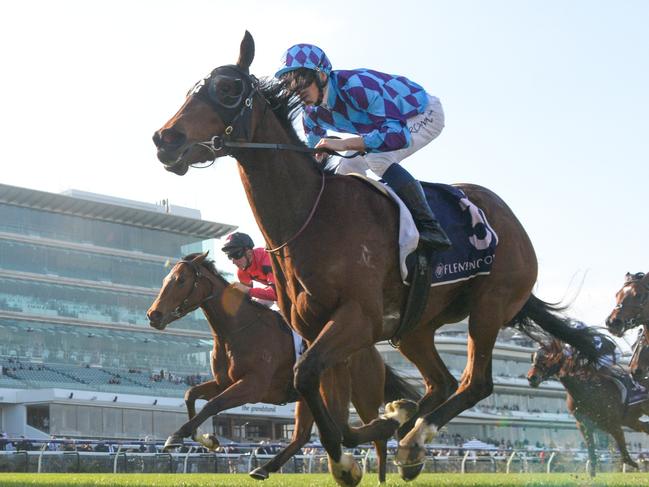 Jenni's Meadow ridden by Ethan Brown wins the Taj Rossi Series Final at Flemington Racecourse on July 06, 2024 in Flemington, Australia. (Photo by Brett Holburt/Racing Photos via Getty Images)