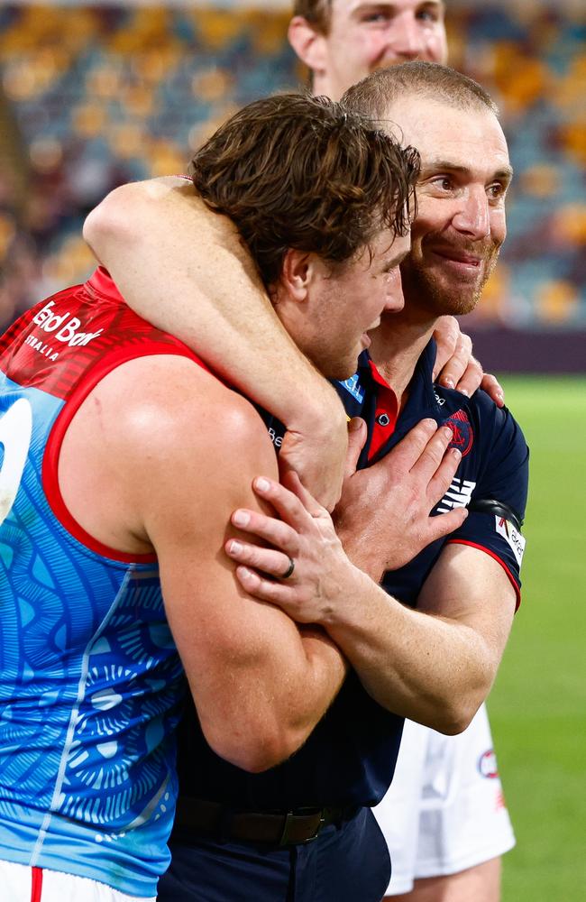 Simon Goodwin’s side pulled off a stunning win in Brisbane. Picture: Russell Freeman/AFL Photos via Getty Images