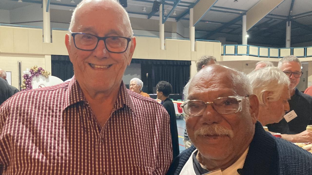 Lyle Ferguson and Chris Mimi celebrate the 50th anniversary of the Rainbows Rugby League Football Club at its golden jubilee at the Gympie Showgrounds Pavilion on the night of June 3, 2023.