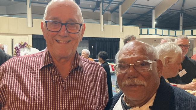 Lyle Ferguson and Chris Mimi celebrate the 50th anniversary of the Rainbows Rugby League Football Club at its golden jubilee at the Gympie Showgrounds Pavilion on the night of June 3, 2023.