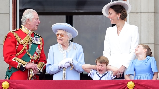 (L-R) Prince Charles, Queen Elizabeth, Prince Louis, Catherine, Duchess of Cambridge and Princess Charlotte on the Balcony during the military flypast. Picture: Chris Jackson/Getty Images