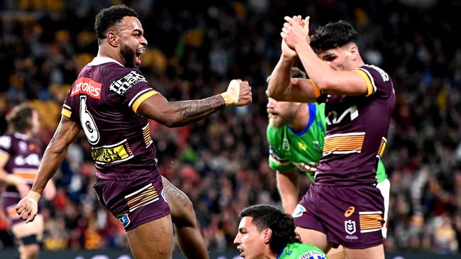 Ezra Mam celebrates scoring a try in the win against the Raiders. Picture: Bradley Kanaris/Getty Images