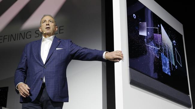 Product marketing head Tim Alessi unveils LG’s gallery series of ultra-thin TVs. Picture: AP