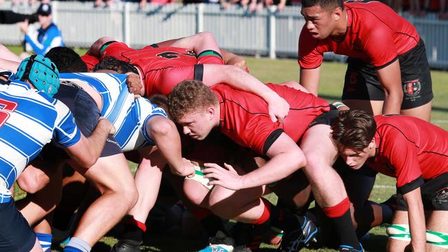 Gregory Terrace loosehead Emerson Treasure packs down against Nudgee in their 2018 clash. Picture: AAP/Sarah Marshall