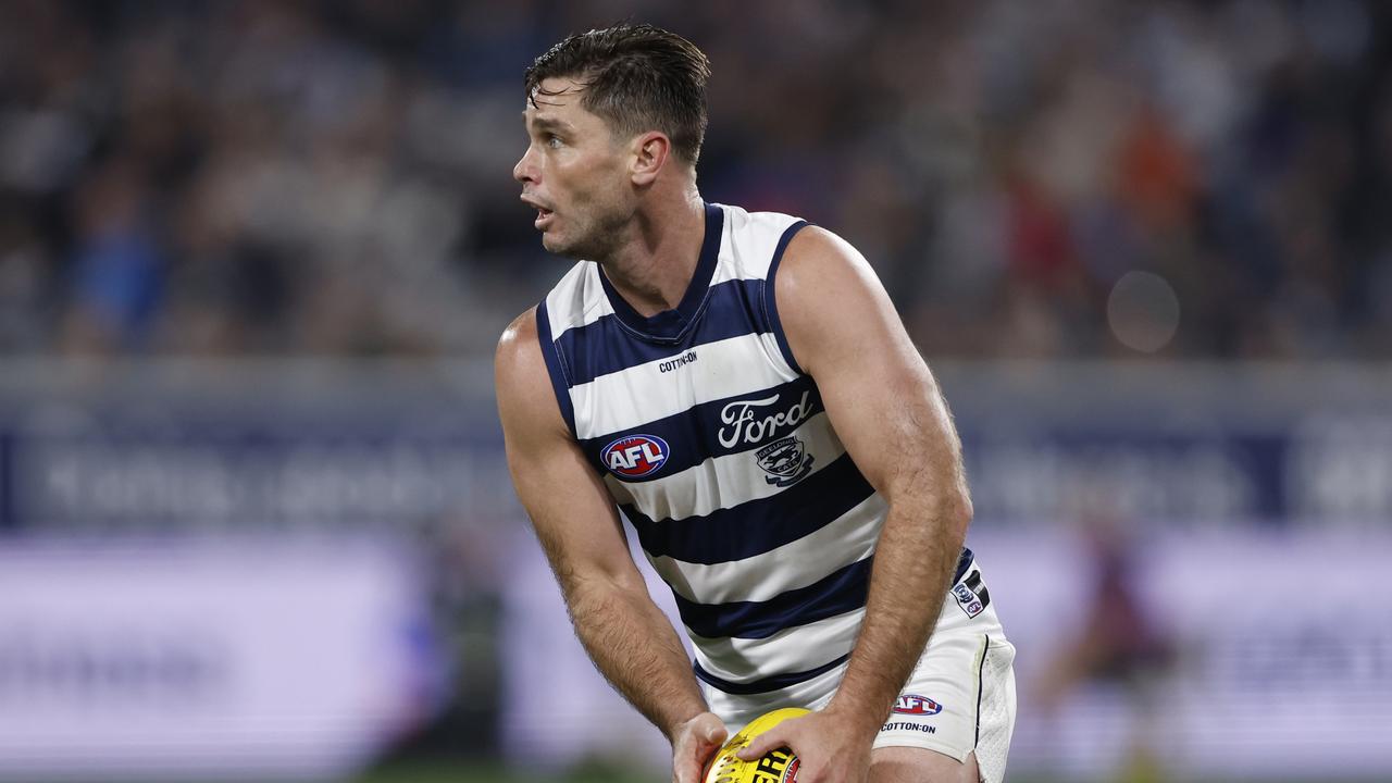 GEELONG, AUSTRALIA - MAY 10: Tom Hawkins of the Cats runs with the ball during the round nine AFL match between Geelong Cats and Port Adelaide Power at GMHBA Stadium, on May 10, 2024, in Geelong, Australia. (Photo by Darrian Traynor/Getty Images)