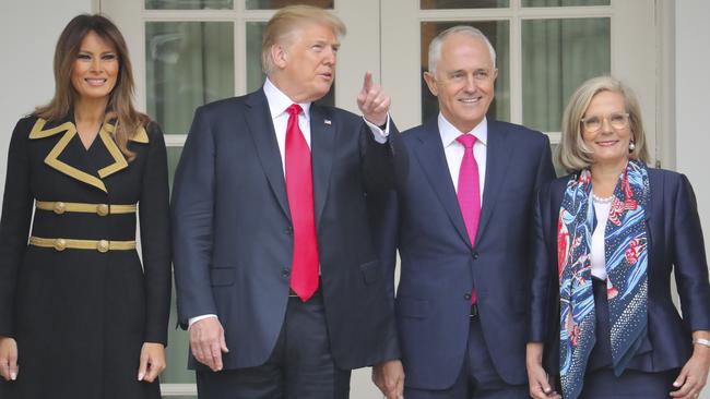 US President and first lady Donald and Melania Trump host Malcolm and Lucy Turnbull at the White House. Picture: AP