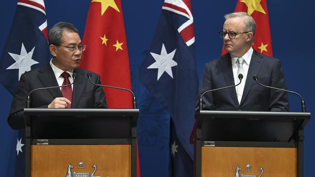 Chinese Premier Li Qiang meets with Prime Minister Anthony Albanese at Parliament House in Canberra. Picture: NewsWire / Martin Ollman