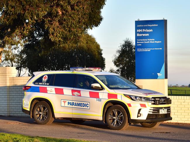 A MICA Paramedic ambulance departs the Barwon Prison complex. Picture: Stephen Harman