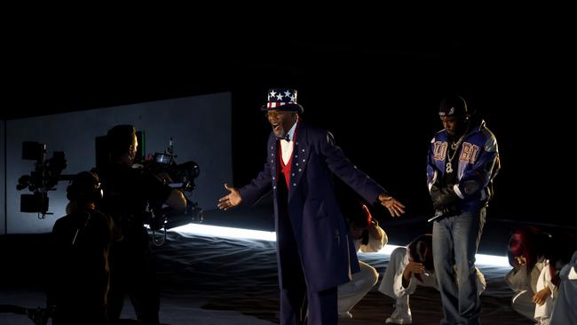 Samuel L. Jackson and Kendrick Lamar revel in the halftime show. Picture: Getty Images