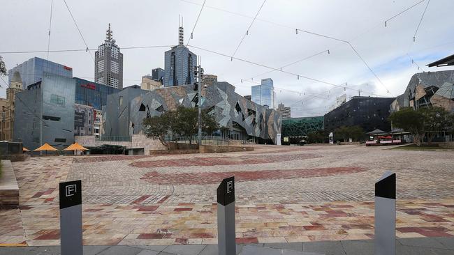 Federation Square empty of people in August last year. Picture: Ian Currie/NCA NewsWire.