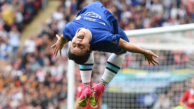 Sam Kerr performs a customary backflip after scoring the winning goal in the FA Cup. Picture: Getty Images