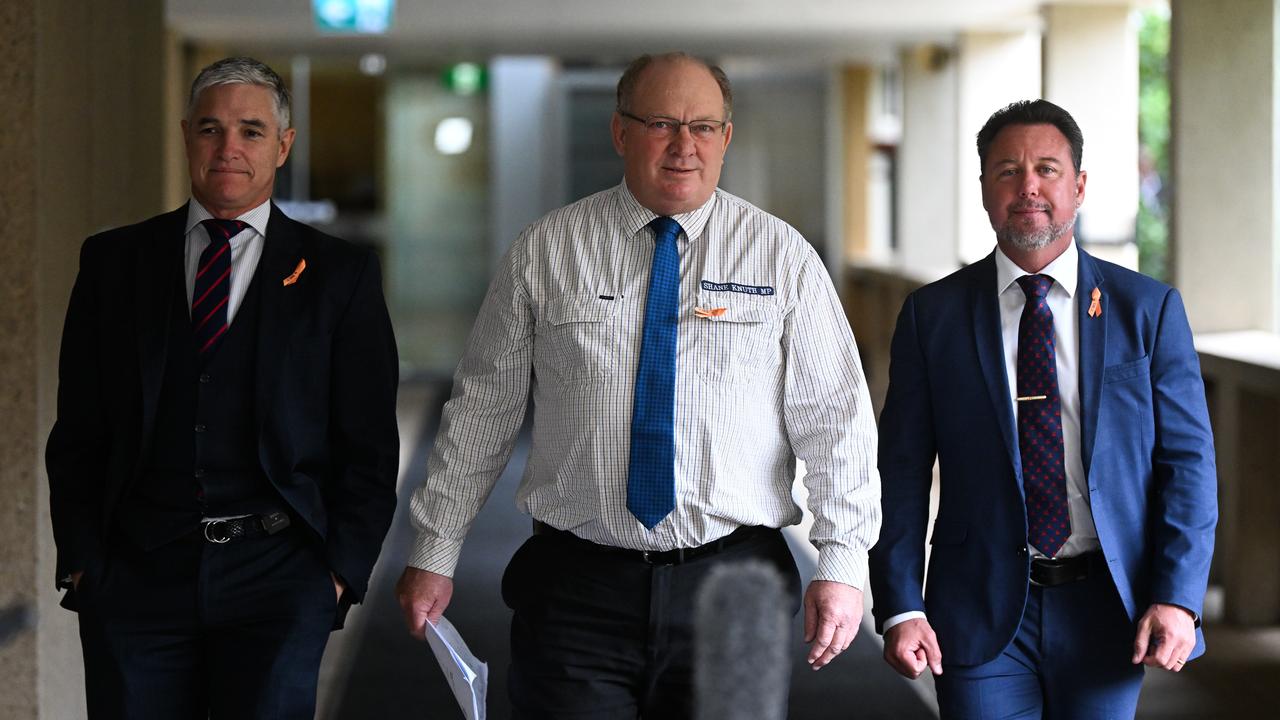 Robbie Katter, Shane Knuth and Nick Dametto from the Katter’s Australian Party during a press conference at Parliament House in Brisbane. Picture: NewsWire / Dan Peled