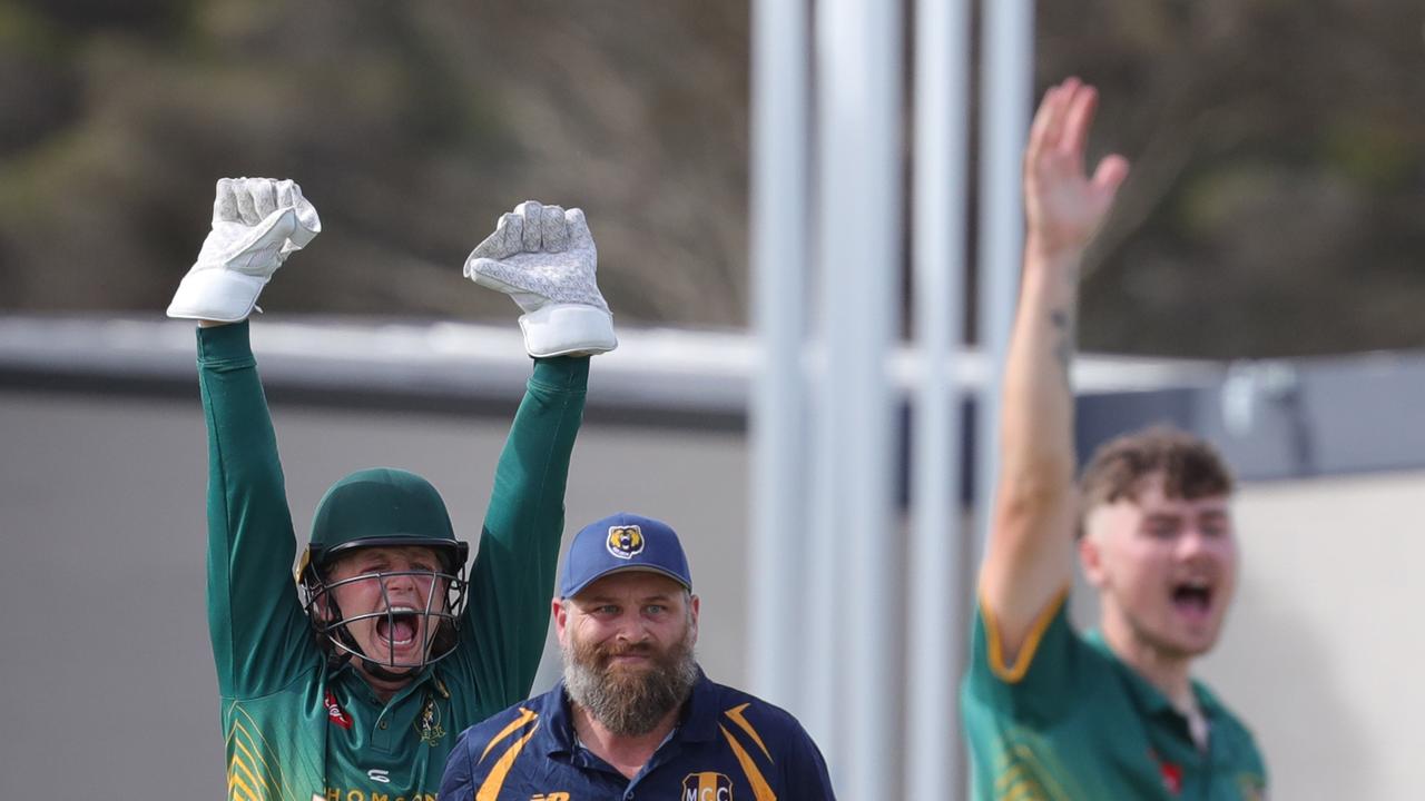 Thomson keeper Archie Burley and bowler Seaver Rowley appeal for the wicket of Stuart Blythe. Picture: Mark Wilson