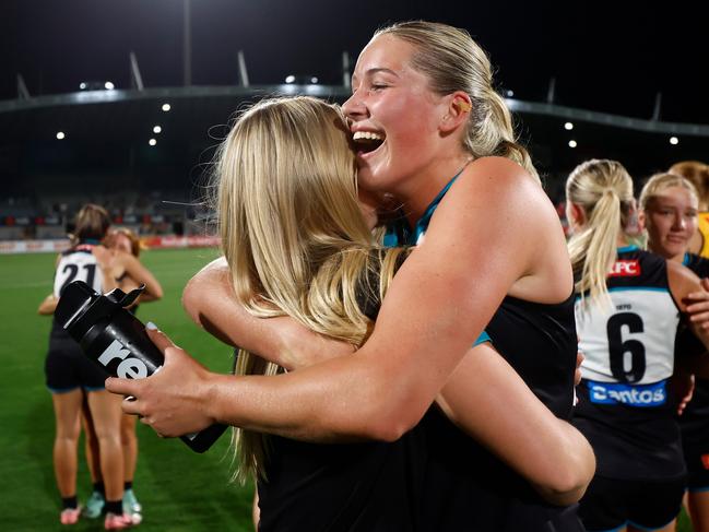 Matilda Scholz celebrates the Power’s win over Hawthorn. Picture: Michael Willson/AFL Photos via Getty Images.