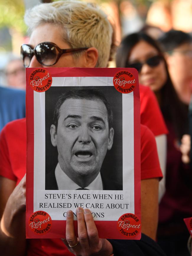 Teachers rally outside the office of Premier Steven Marshall in Norwood, in September 2019. Picture: AAP Image/David Mariuz