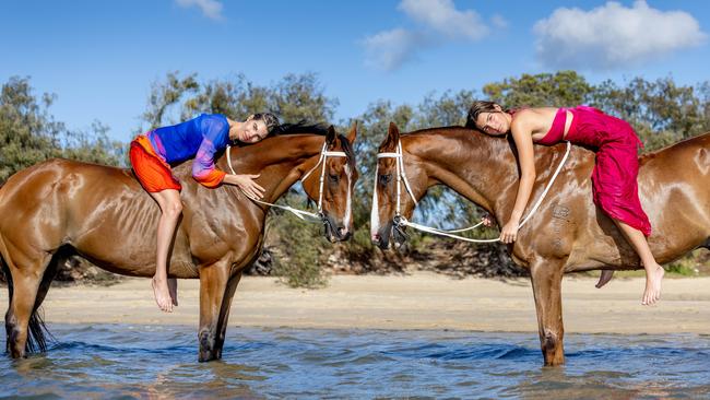 Delfina Blaquier and daughter Aurora Figueras ride horses Bruce and Goldy ahead of Magic Millions race day. Picture by Luke Marsden.