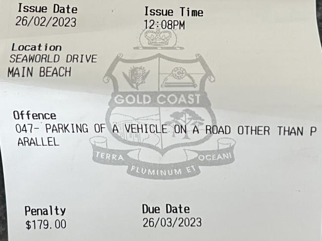 Fine received by Linda Smith for angle parking on Seaworld Drive on The Spit.