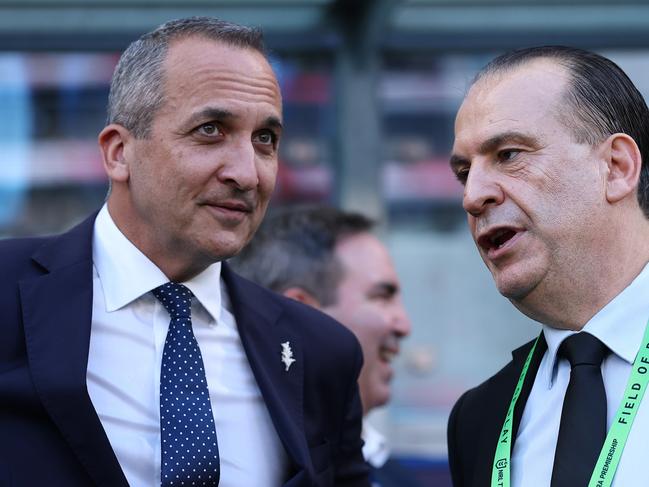 SYDNEY, AUSTRALIA - APRIL 25: Andrew Abdo, Chief Executive Officer of the National Rugby League and Peter V'landys, chairman of the Australian Rugby League Commission are seen ahead of an ANZAC Day ceremony held prior to the round eight NRL match between the Sydney Roosters and St George Illawarra Dragons at Allianz Stadium on April 25, 2025, in Sydney, Australia. (Photo by Cameron Spencer/Getty Images)