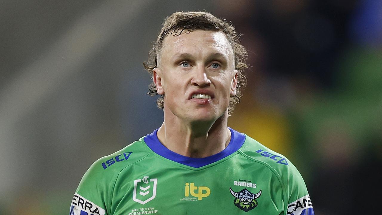 MELBOURNE, AUSTRALIA - JULY 17: Jack Wighton of the Raiders looks on during the round 18 NRL match between the Melbourne Storm and the Canberra Raiders at AAMI Park, on July 17, 2022, in Melbourne, Australia. (Photo by Mike Owen/Getty Images)