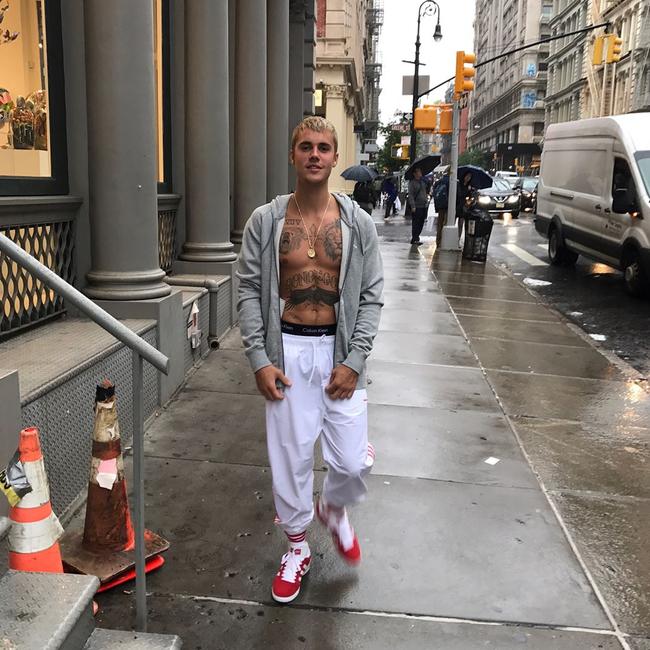 Shirtless Justin Bieber shows off his tattoo collection. Picture: @justinbieber/Instagram
