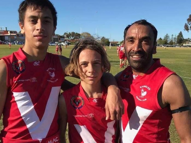 Kartinyeri playing with sons Malakai and Brayden later in his career. Picture: Supplied