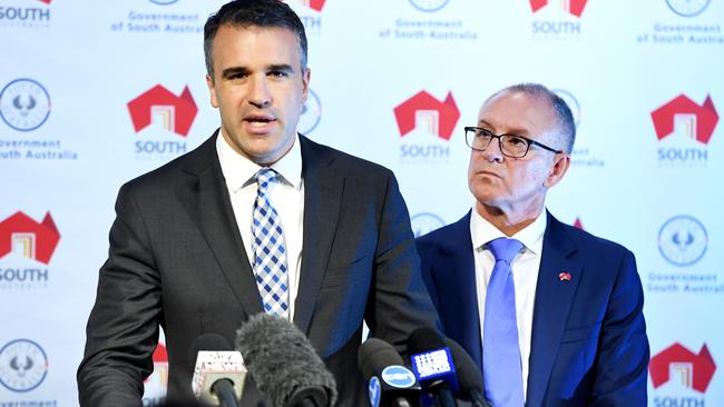 Health Minister Peter Malinauskas and Premier Jay Weatherill addressing the ICAC report last week.