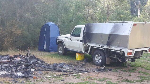 The damaged campsite belonging to Russell Hill and Carol Clay's. Picture: ABC