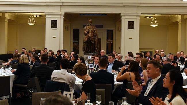 The statue of King George V overlooks attendees at the 20th anniversary of the republic referendum dinner at Old Parliament House. Picture: AAP