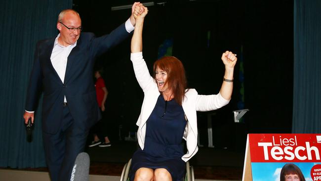 NSW Labor leader Luke Foley congratulates Liesl Tesch as they celebrate winning the seat of Gosford in the by-election, at Everglades Country Club, Woy Woy. Picture: Peter Clark