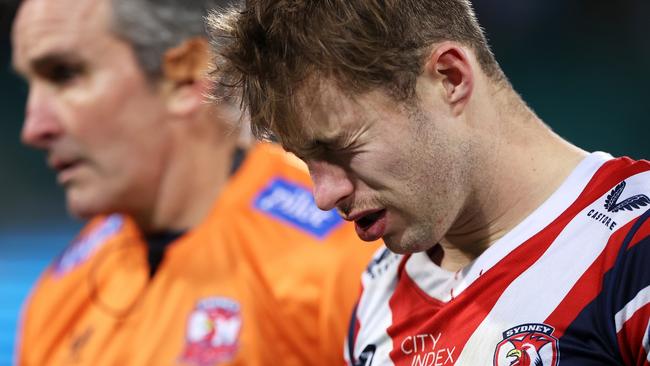 Sam Walker leaves the field during the Storm match. Picture: Mark Kolbe/Getty Images