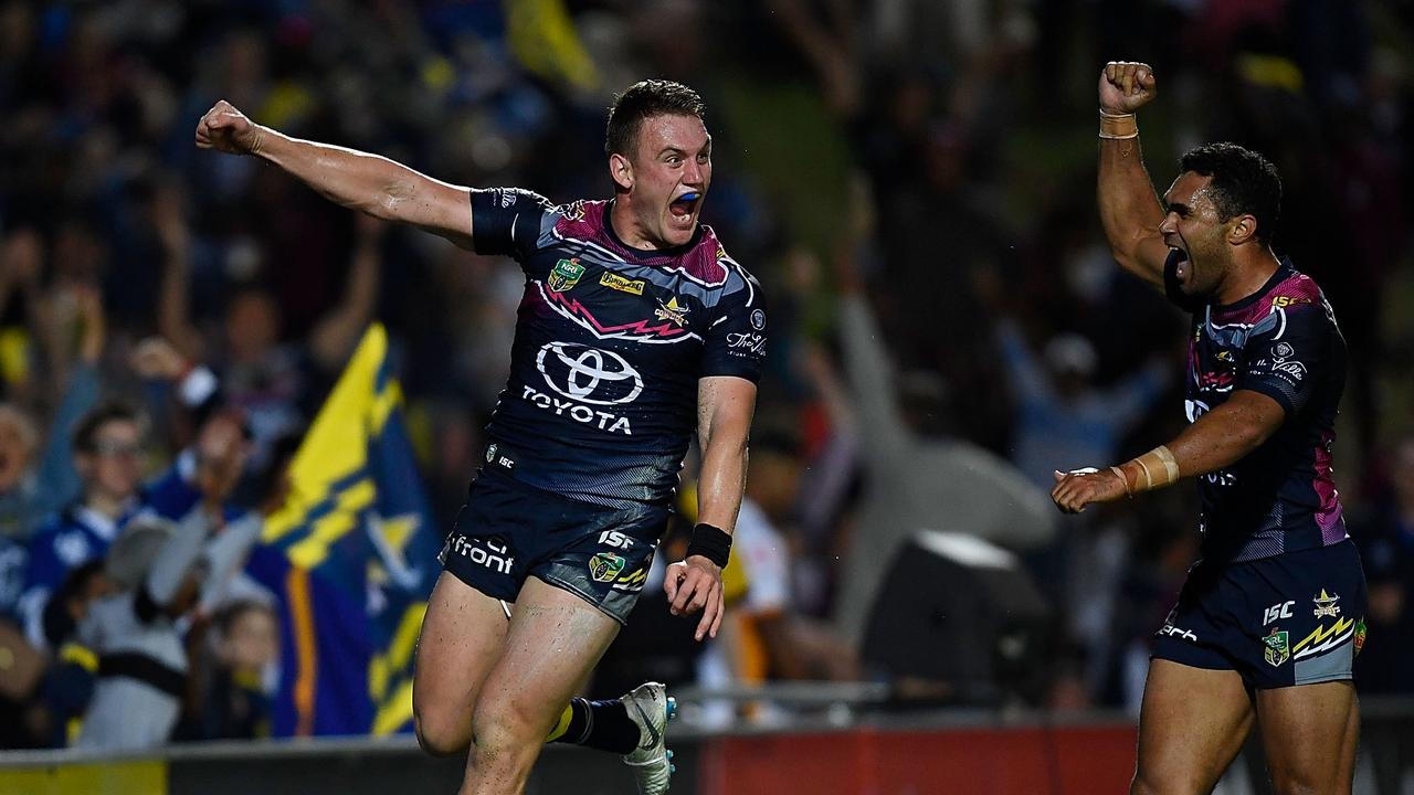 TOWNSVILLE, AUSTRALIA — AUGUST 09: Coen Hess of the Cowboys celebrates after scoring a try during the round 22 NRL match between the North Queensland Cowboys and the Brisbane Broncos at 1300SMILES Stadium on August 9, 2018 in Townsville, Australia. (Photo by Ian Hitchcock/Getty Images)