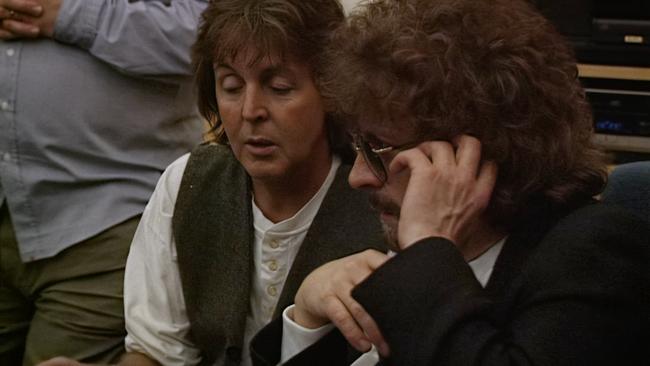 Paul McCartney and Jeff Lynne in the studio recording 'Now and Then'. Picture: Youtube